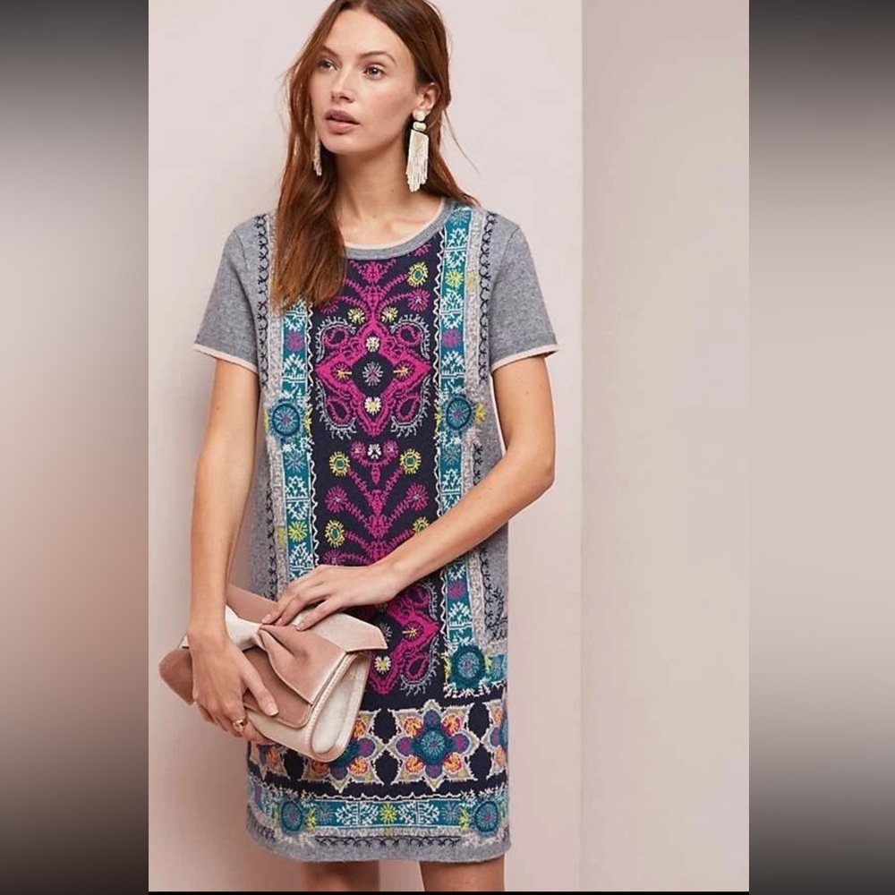 Anthropologie Mini Dress Sweater Knit Kaleidoscope Print Gray Multicolor Size M